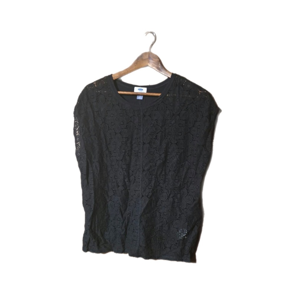 Old Navy Lace Front Top Womens Large Black Excellent Sleeveless Crew Neck Blouse